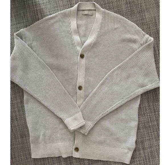 EVERLANE Men's No Sweat Waffle Fisherman Cardigan Sweater Ash Gray XL Preppy - Picture 2 of 6